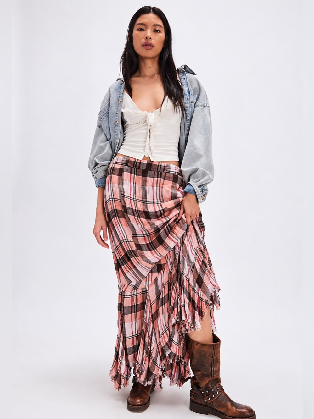 Free People Bordeaux Grunge Plaid Maxi Skirt